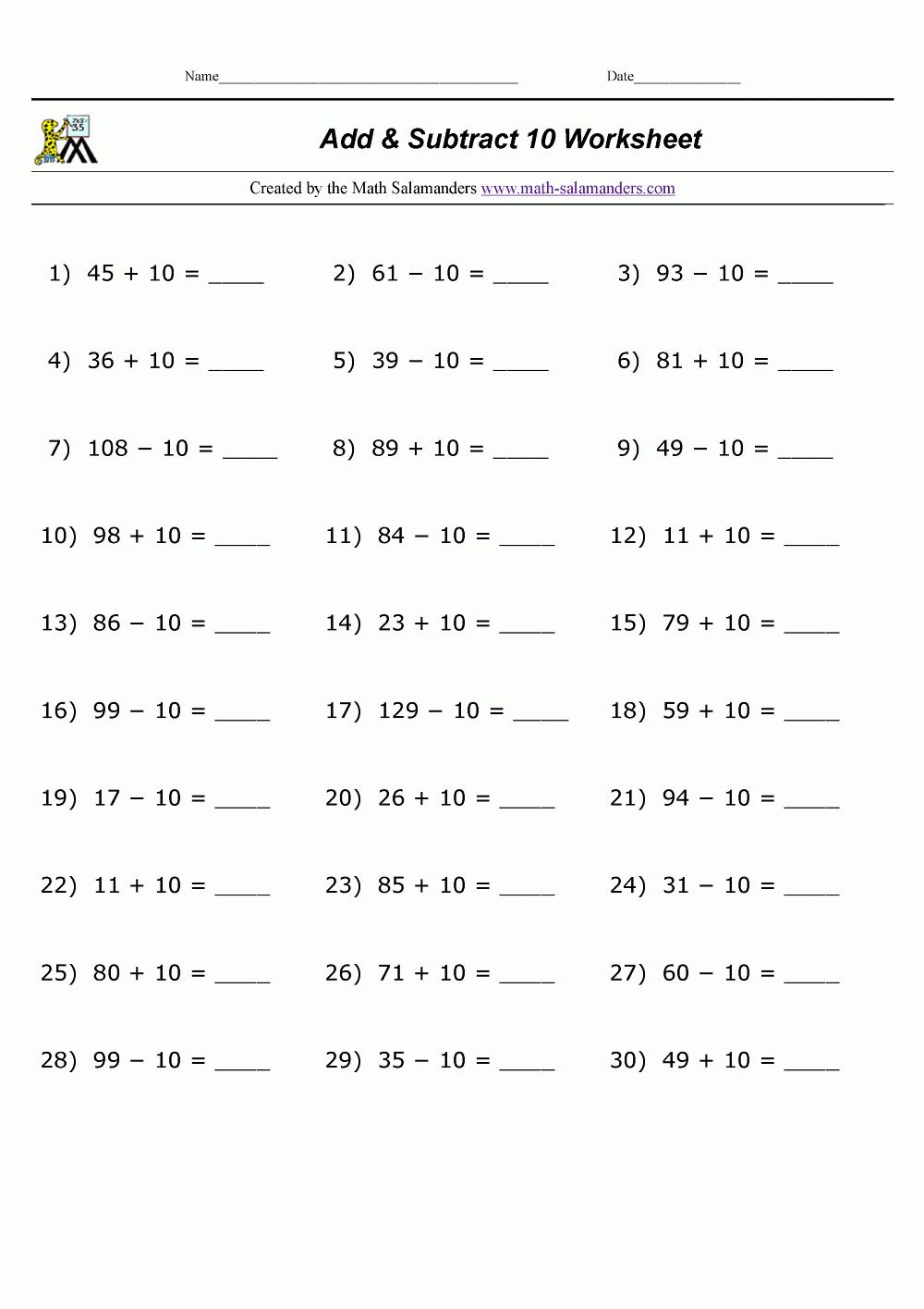 Add And Subtract 10 Worksheet