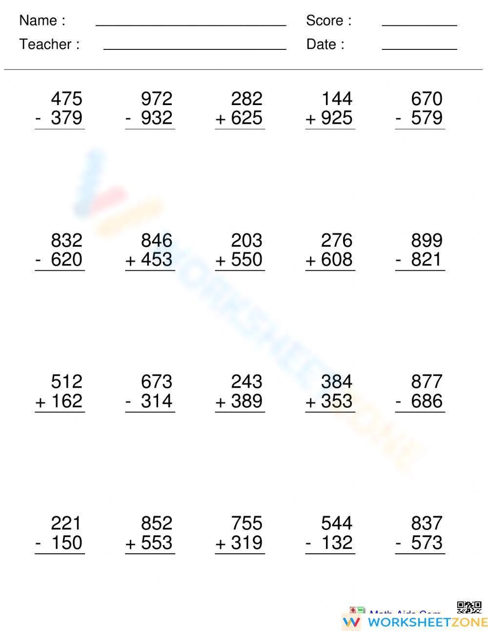 multi digit addition and subtraction worksheet