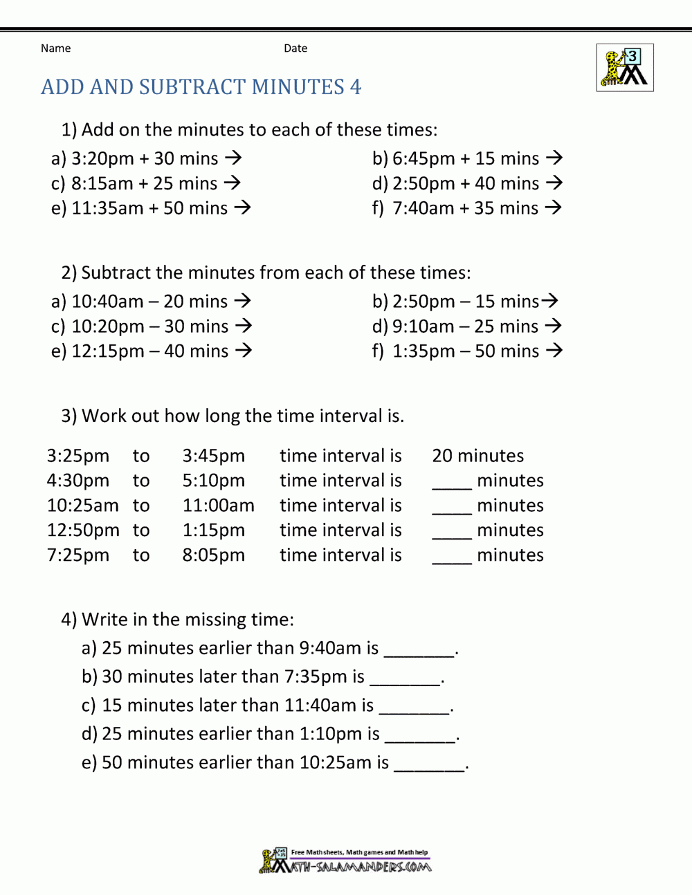 Add And Subtract Time Worksheets