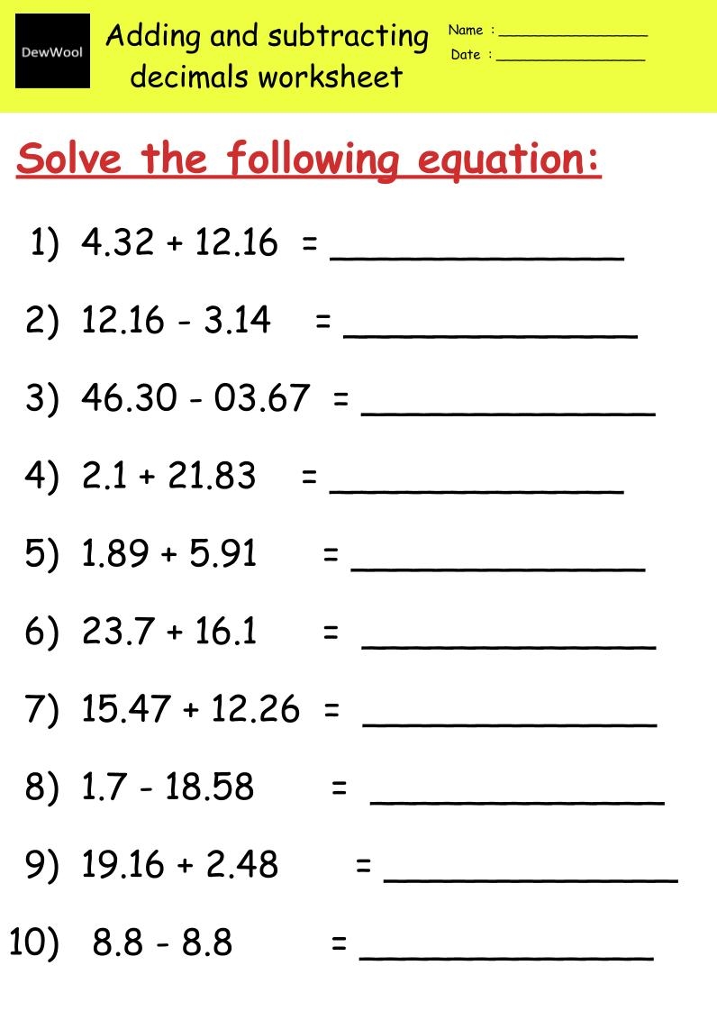 decimal addition worksheets pdf
