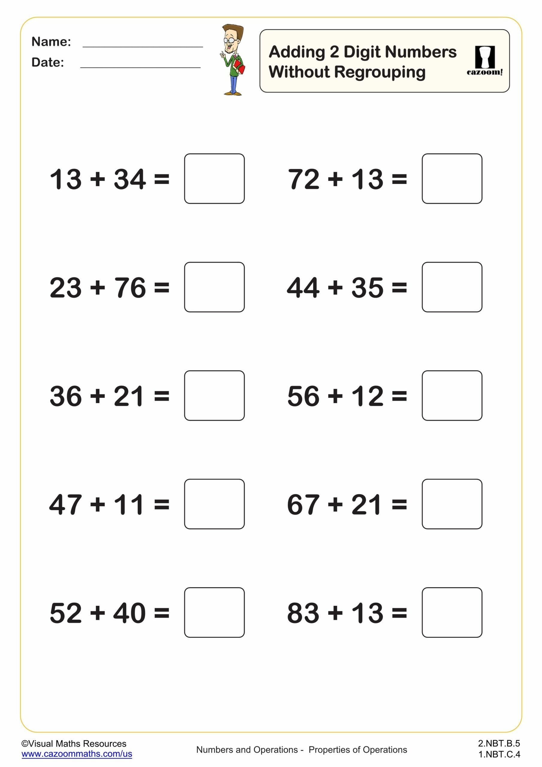 Adding 2 Digit Numbers Without Regrouping 10 Questions 2nd Grade PDF Addition Worksheets