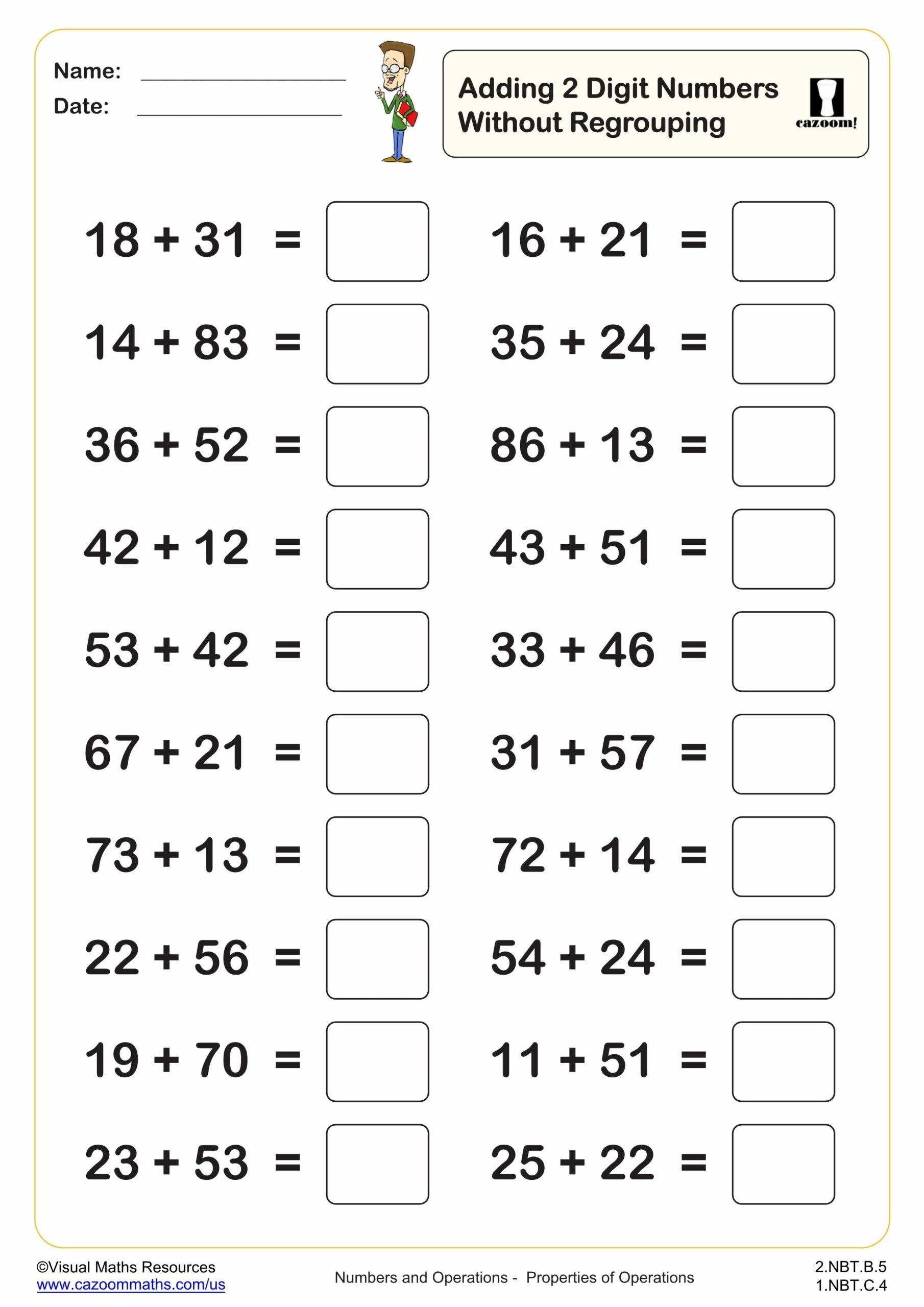 Adding 2 Digit Numbers Without Regrouping 20 Questions Worksheet PDF Printable Addition Worksheets