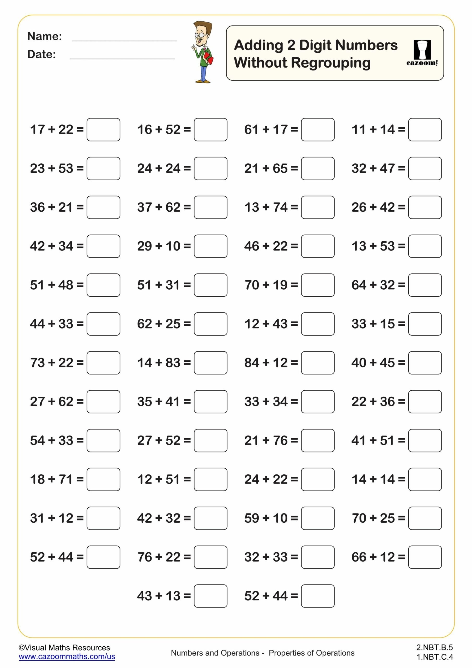 Adding 2 Digit Numbers Without Regrouping 50 Questions Fun And Engaging 2nd Grade PDF Worksheets