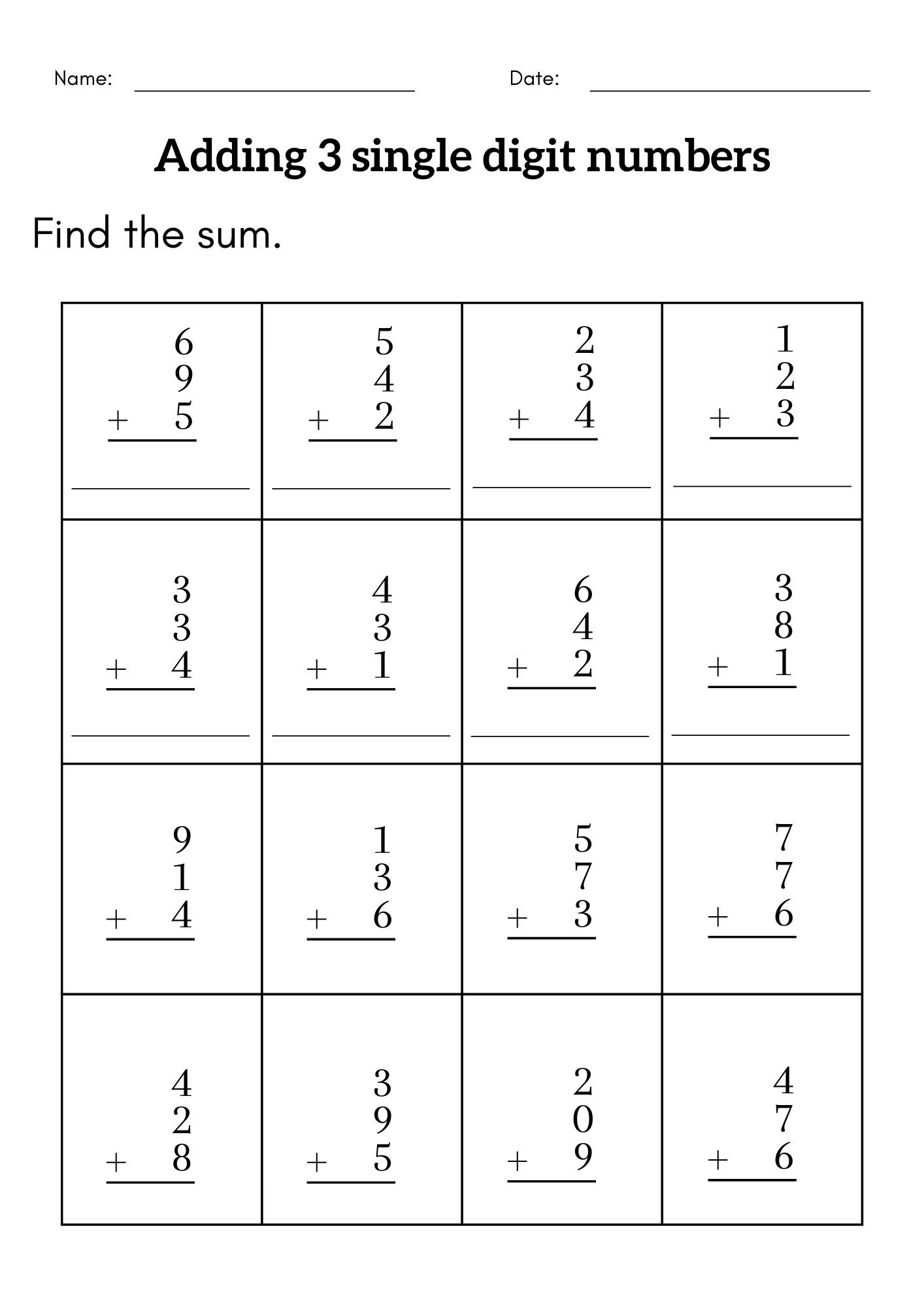 3 number addition worksheets