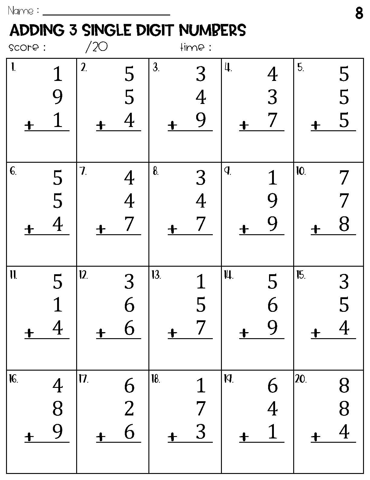Adding 3 Single Digit Numbers Worksheets Math Timed Test Addition Etsy