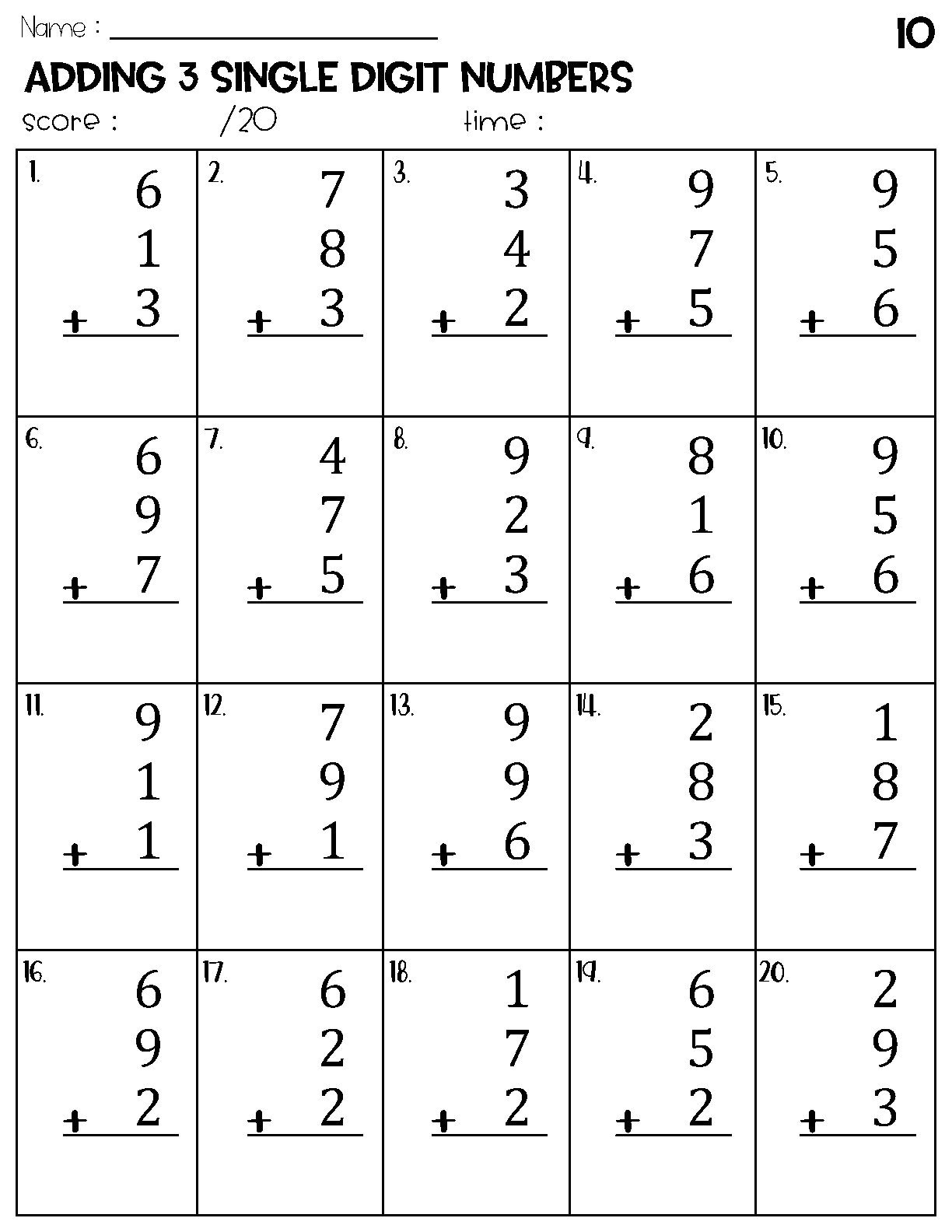 Adding 3 Single Digit Numbers Worksheets Math Timed Test Addition Etsy
