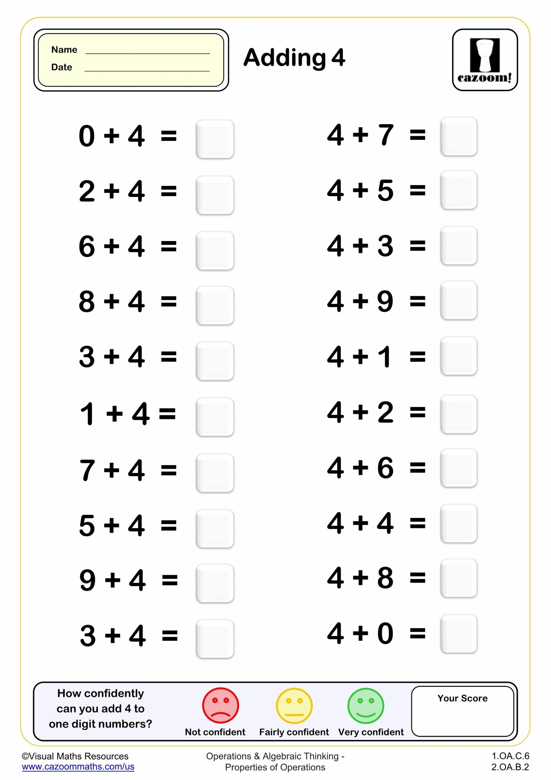 Adding 4 20 Questions PDF Printable Addition Worksheets