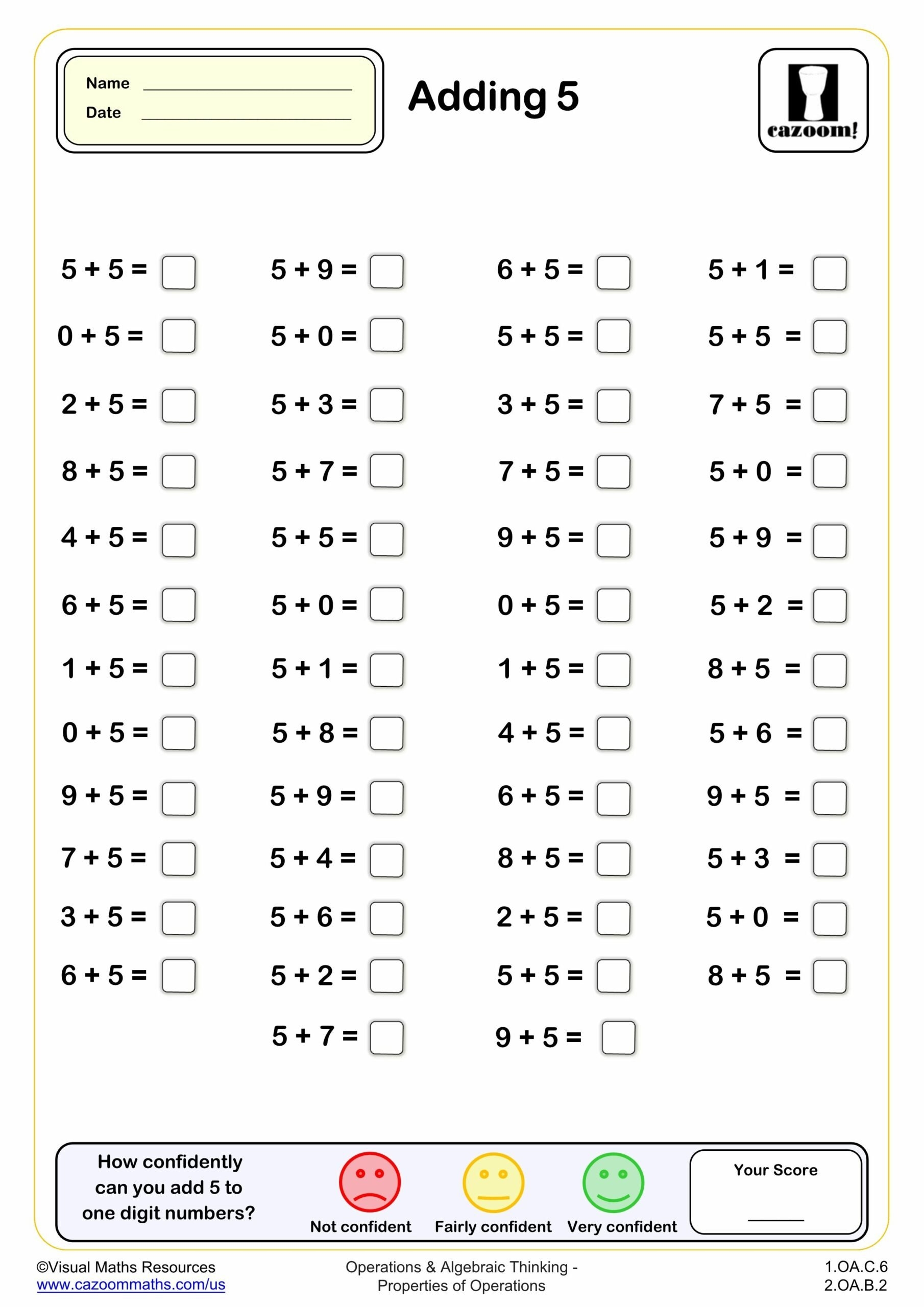 Adding 5 50 Questions Fun And Engaging 1st Grade PDF Worksheets