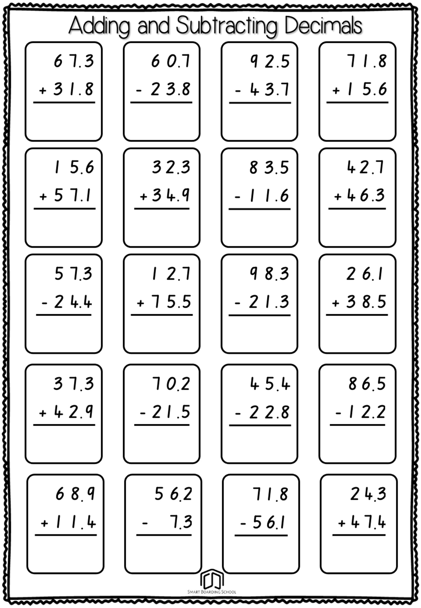 addition and subtraction of decimals worksheet