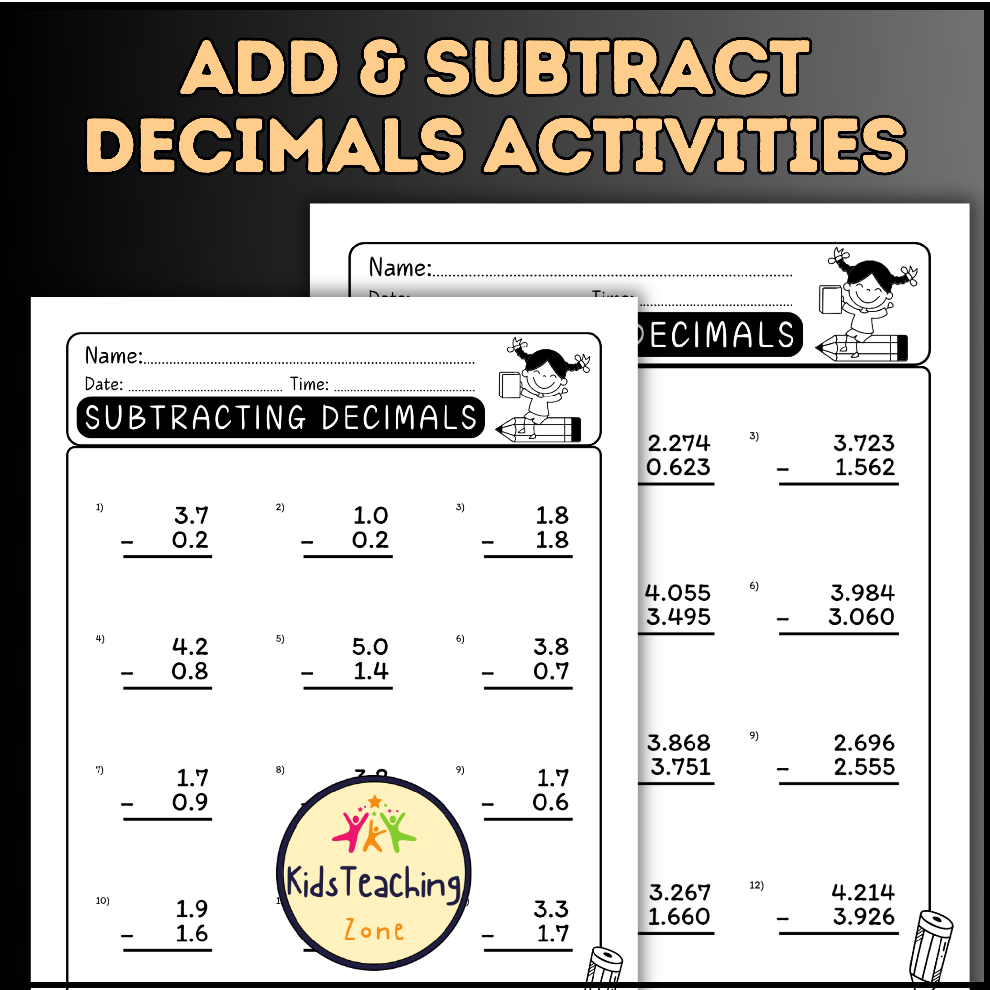 addition and subtraction of decimals worksheets