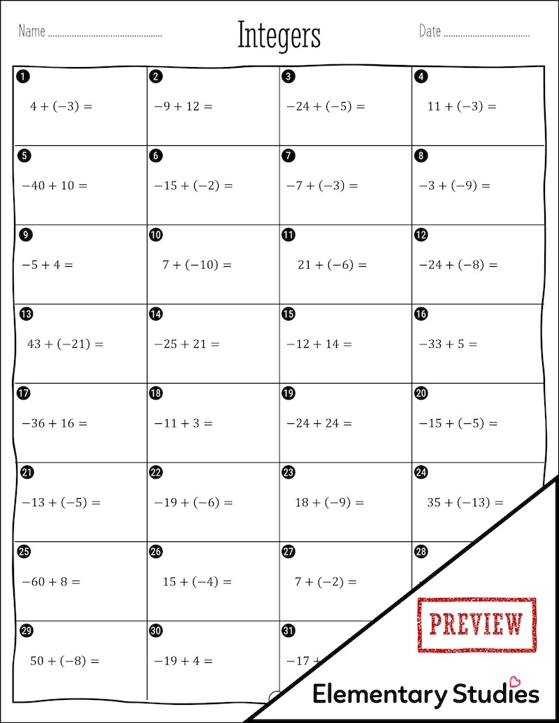 adding and subtracting integers worksheet