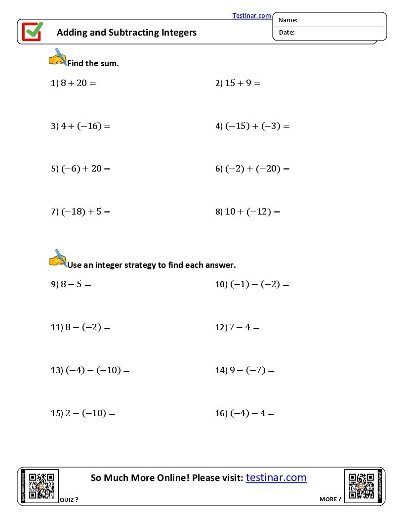 Adding And Subtracting Integers Worksheets