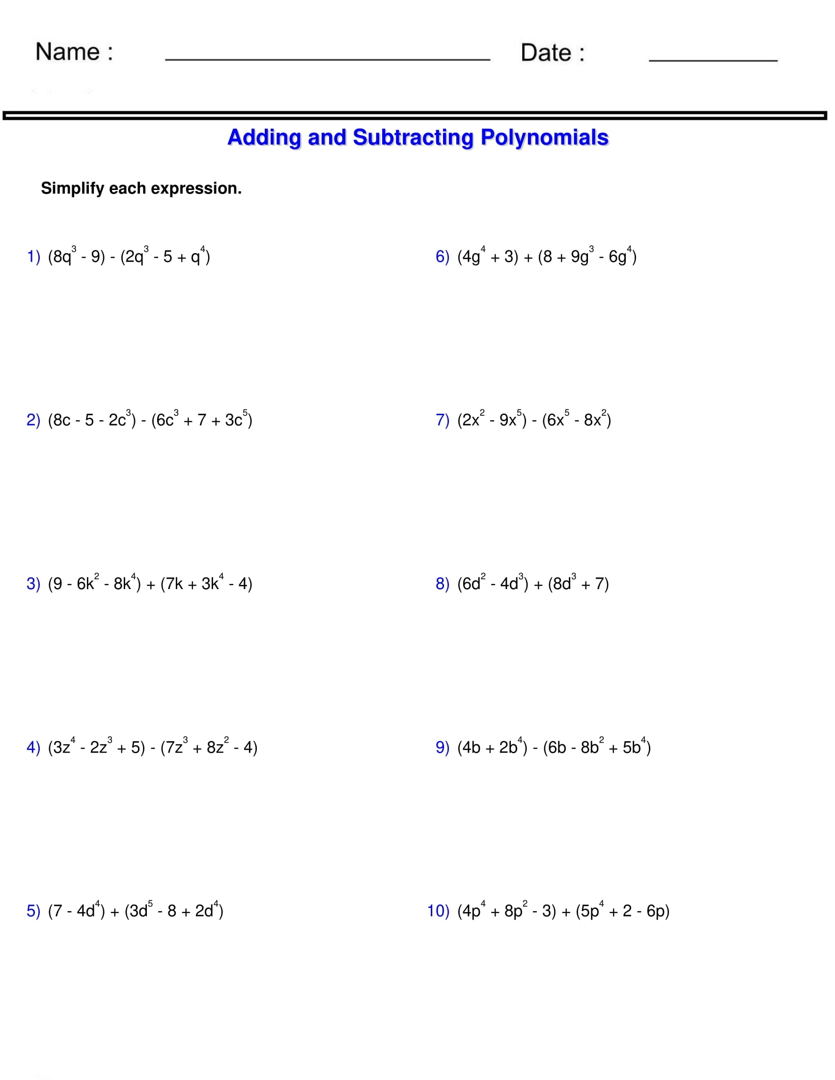 Adding And Subtracting Polynomials 2 Polynomials Made By Teachers