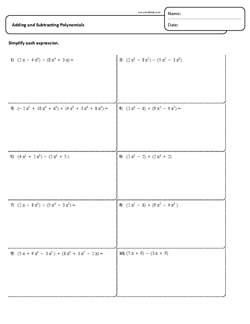 addition of polynomials worksheet