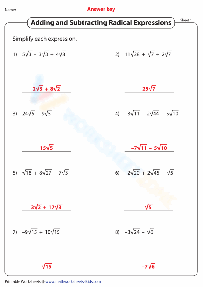 Adding And Subtracting Radicals Worksheets Printable