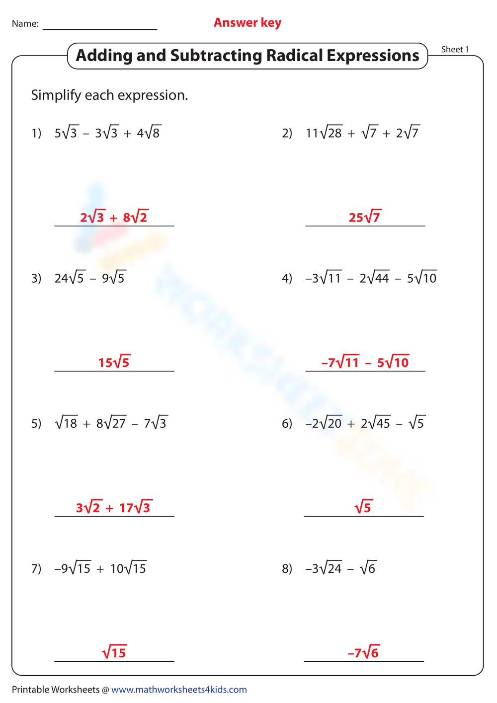 Adding And Subtracting Radicals Worksheets Printable