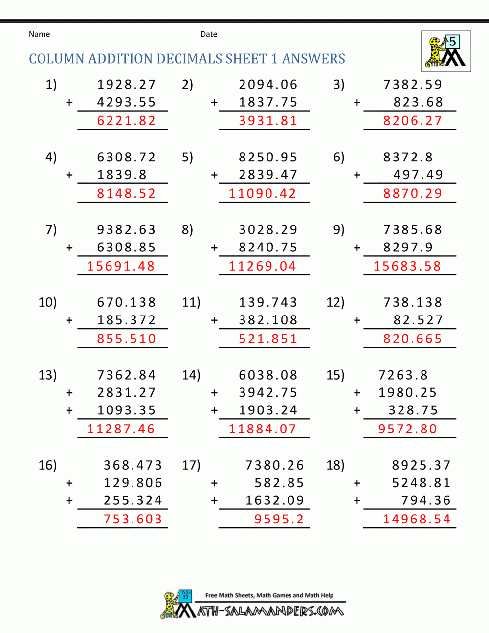 Adding Decimals Worksheet 5th Grade