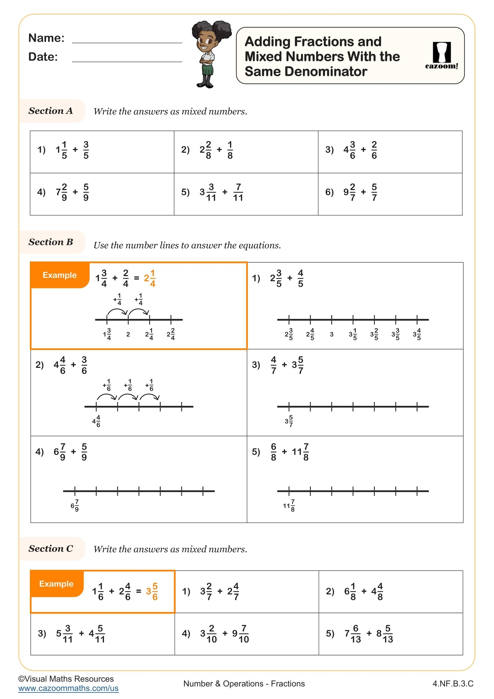 Adding Fractions And Mixed Numbers With The Same Denominator Worksheet Fun And Engaging 4th Grade Operations Algebraic Thinking Worksheet