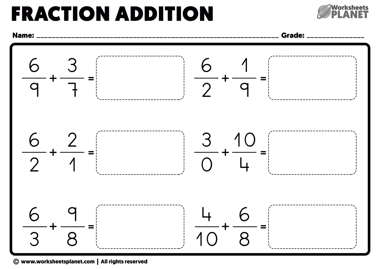 addition of fractions worksheets