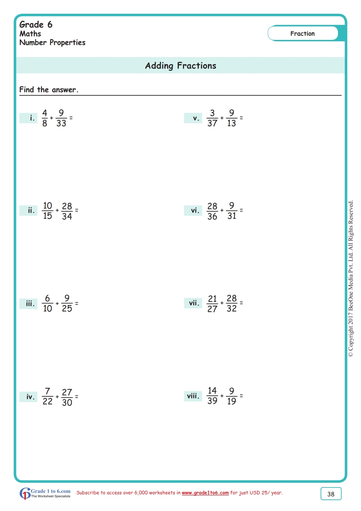 addition of unlike fractions worksheets