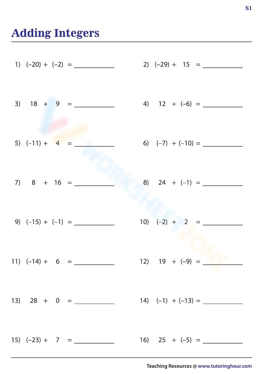 addition of integers worksheet
