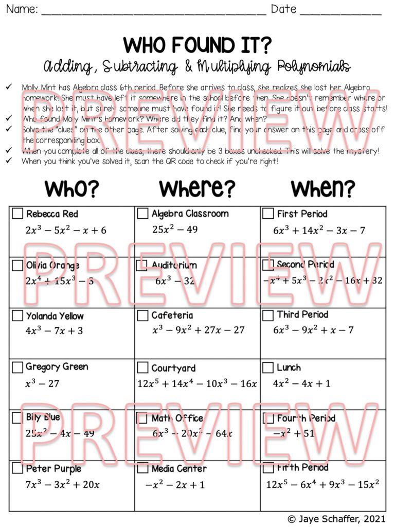 Adding Subtracting And Multiplying Polynomials Clue Mystery Activity Made By Teachers