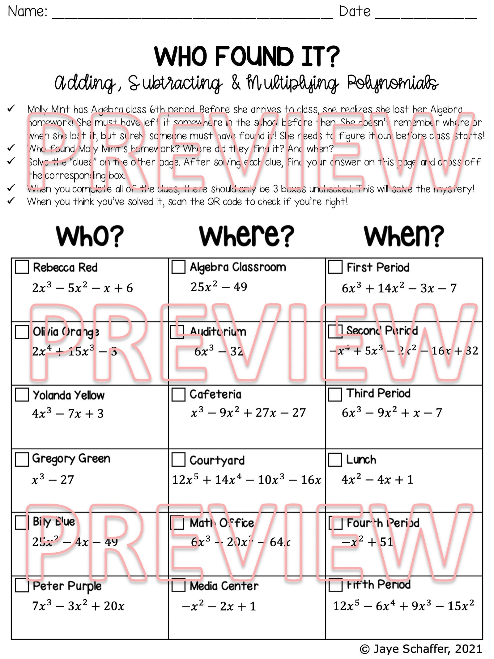 Adding Subtracting And Multiplying Polynomials Clue Mystery Activity Made By Teachers