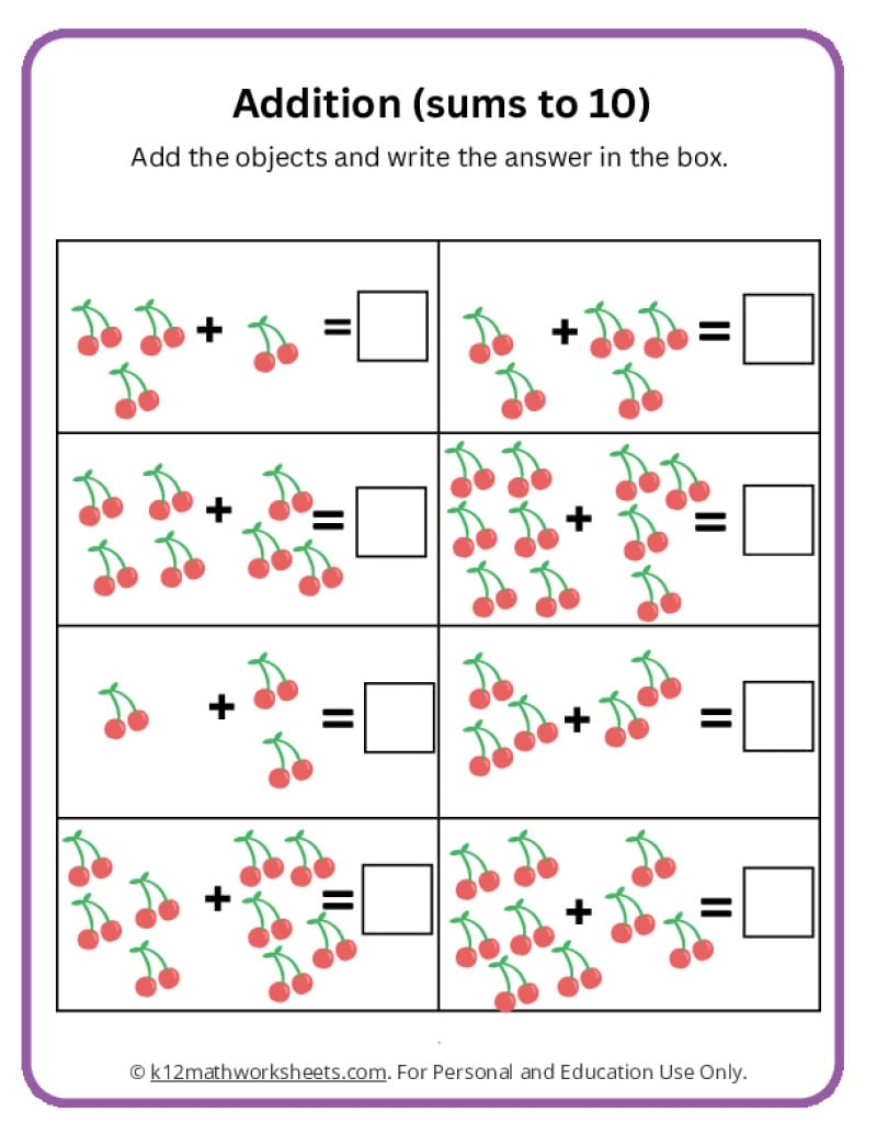 addition worksheets for kindergarten 1-10