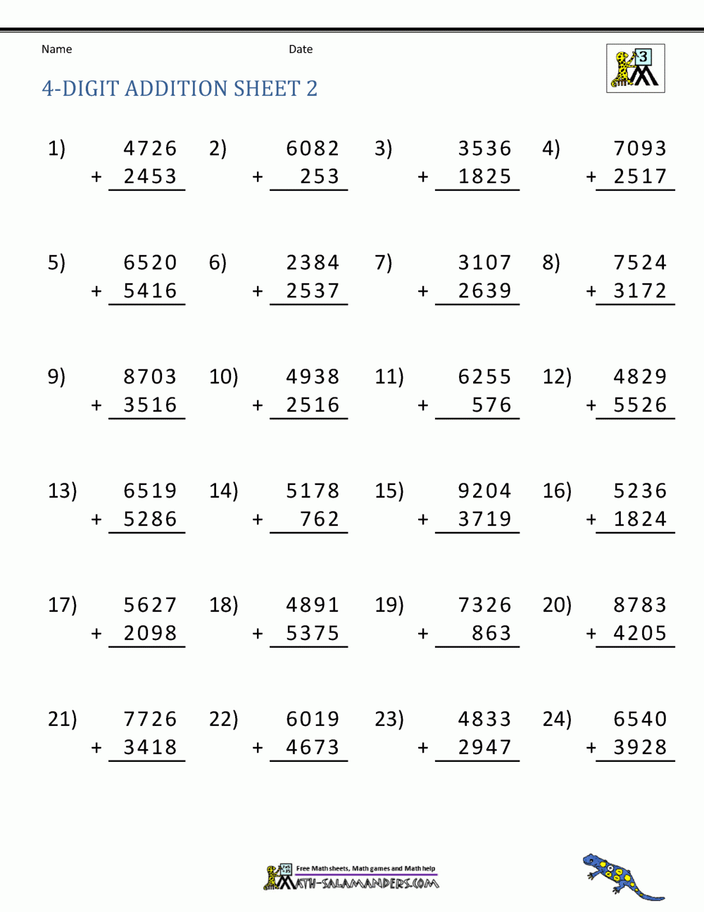 Addition 4 Digit Worksheets 3rd Grade
