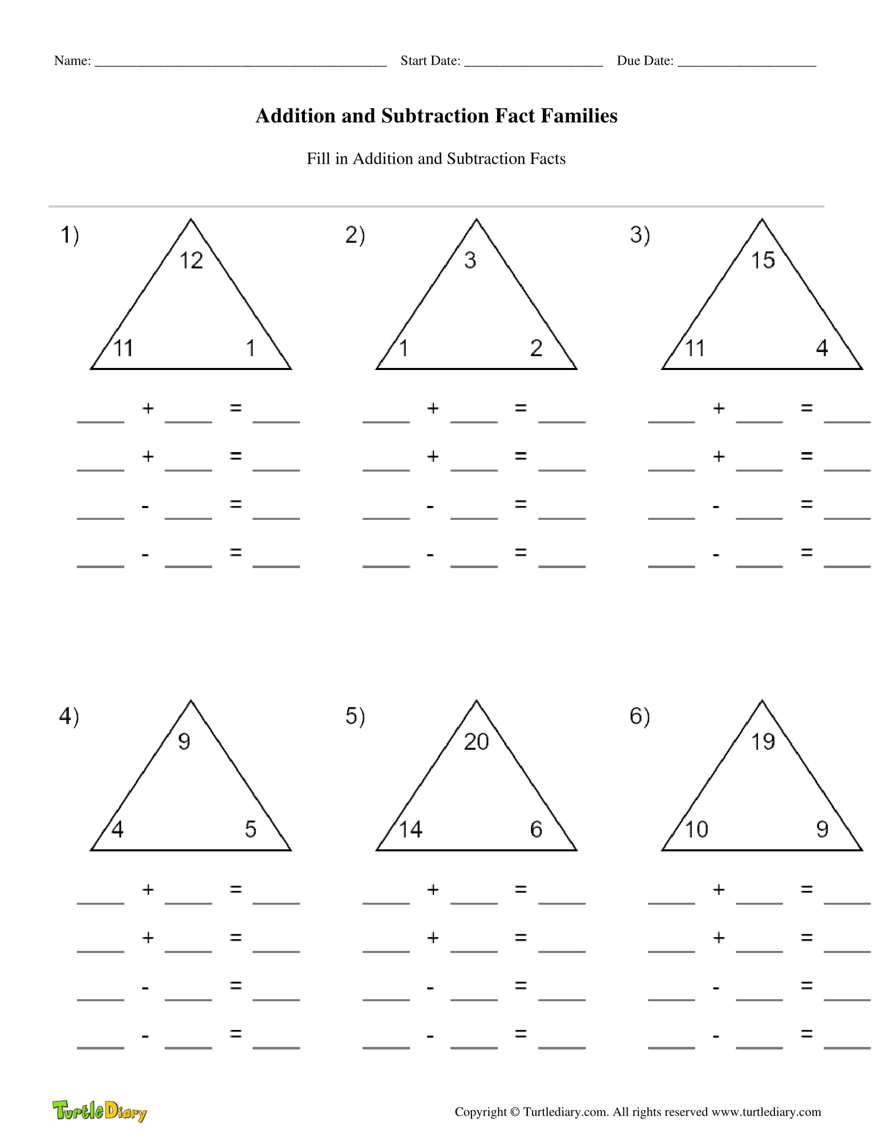 Addition And Subtraction Fact Families Turtle Diary