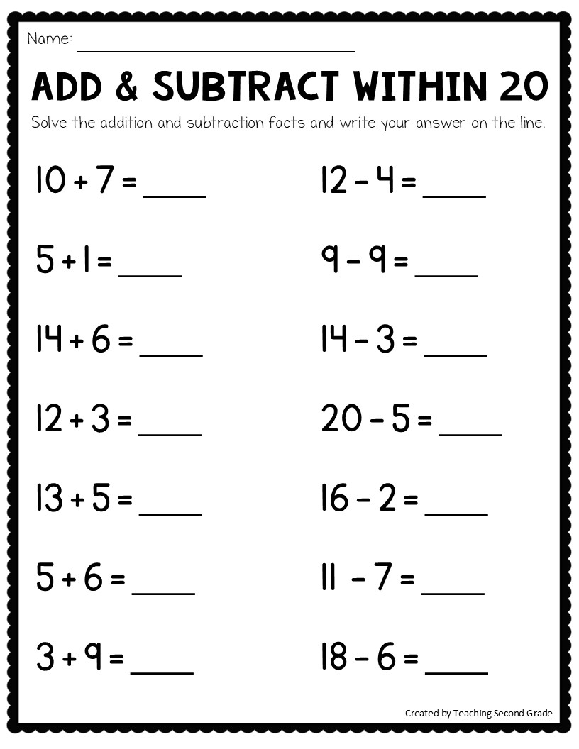 addition and subtraction to 20 worksheets