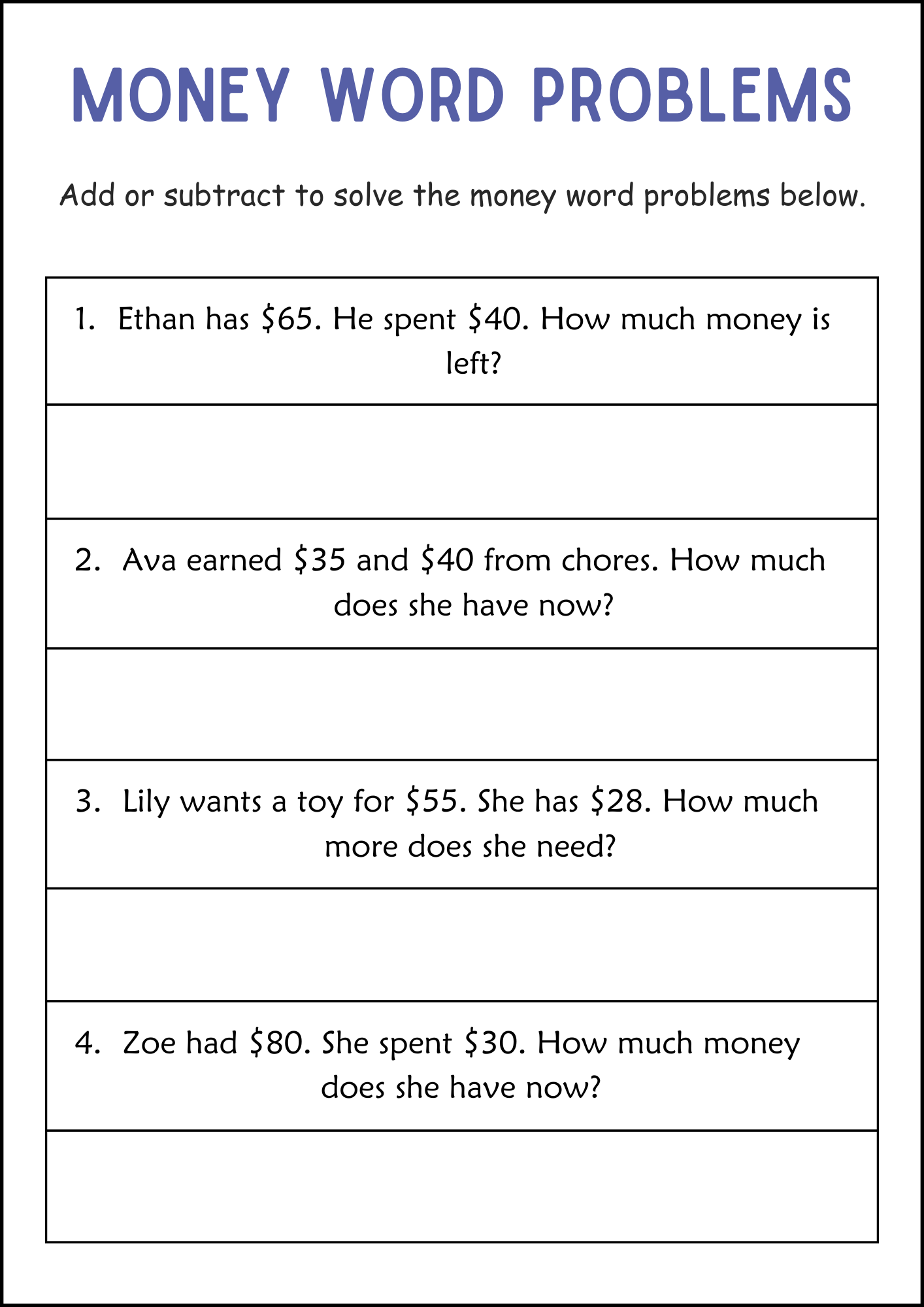 addition and subtraction of money worksheets