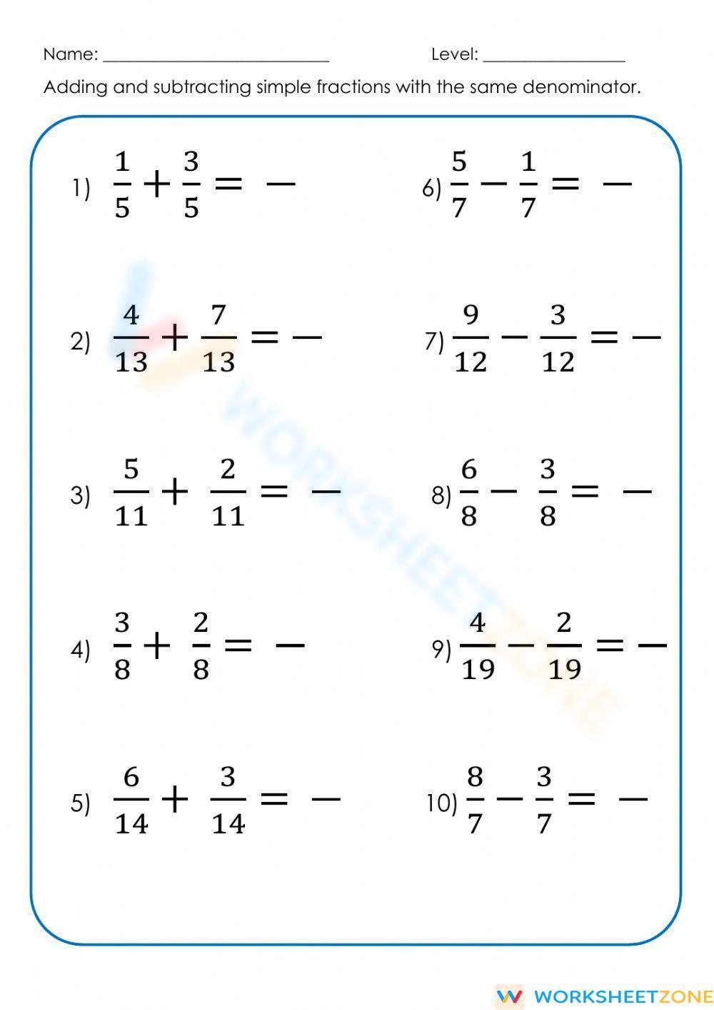fraction addition and subtraction worksheet