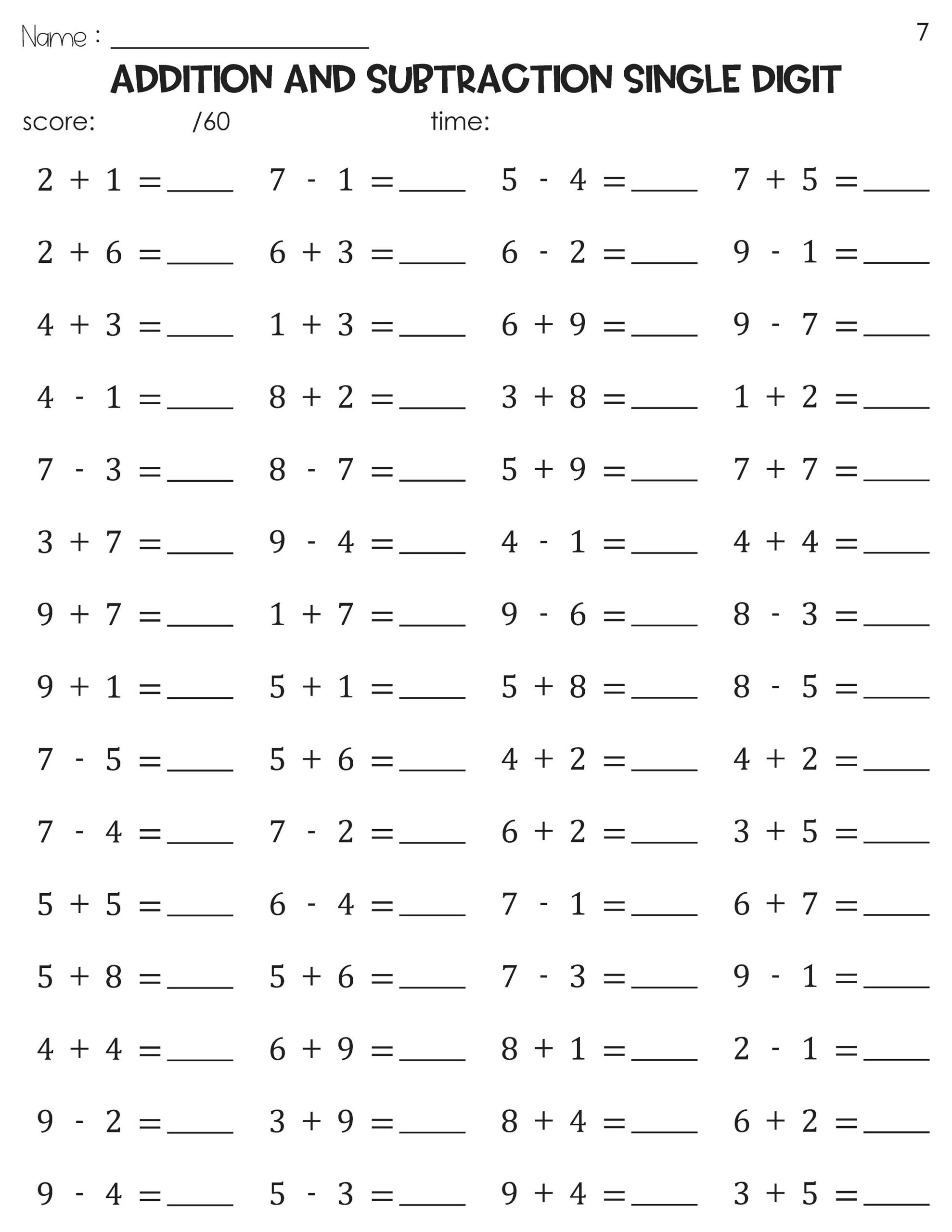 Addition And Subtraction Single Digit Math Timed Tests Speed Drills Worksheets Etsy