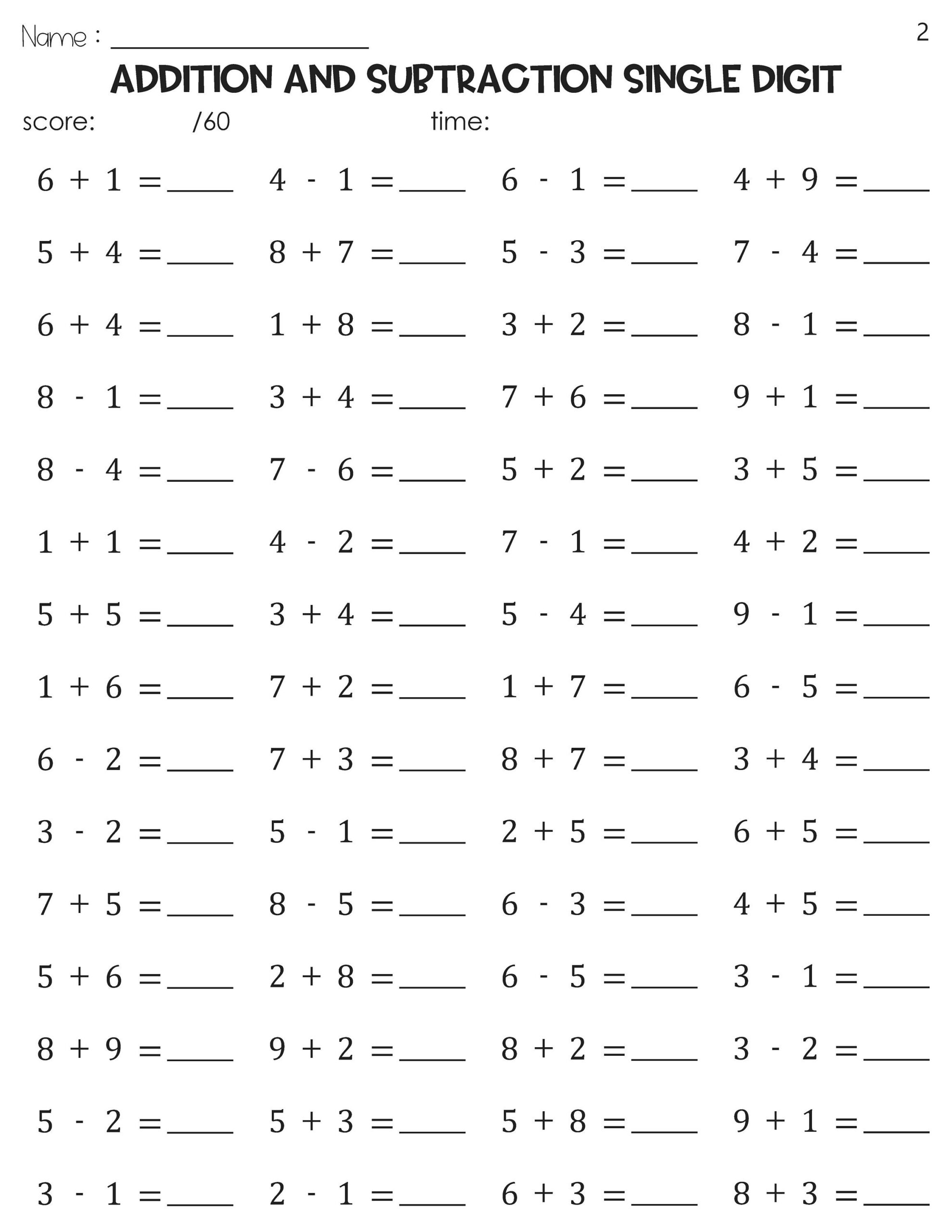 Addition And Subtraction Single Digit Math Timed Tests Speed Drills Worksheets Etsy