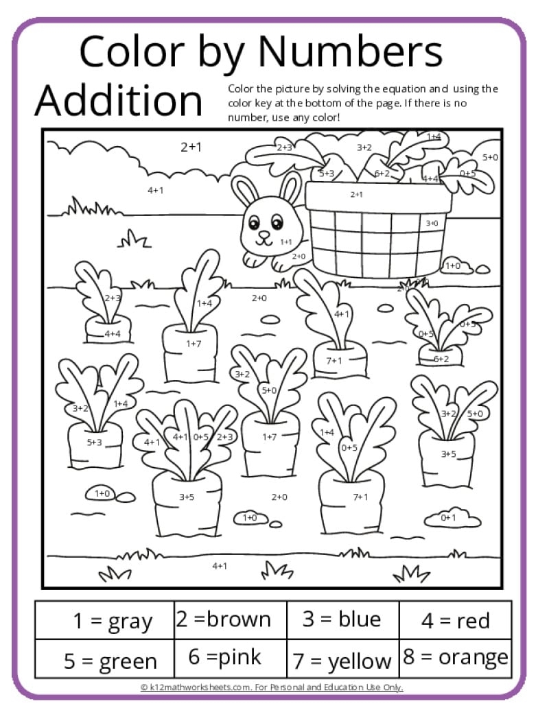 colour by number addition worksheets