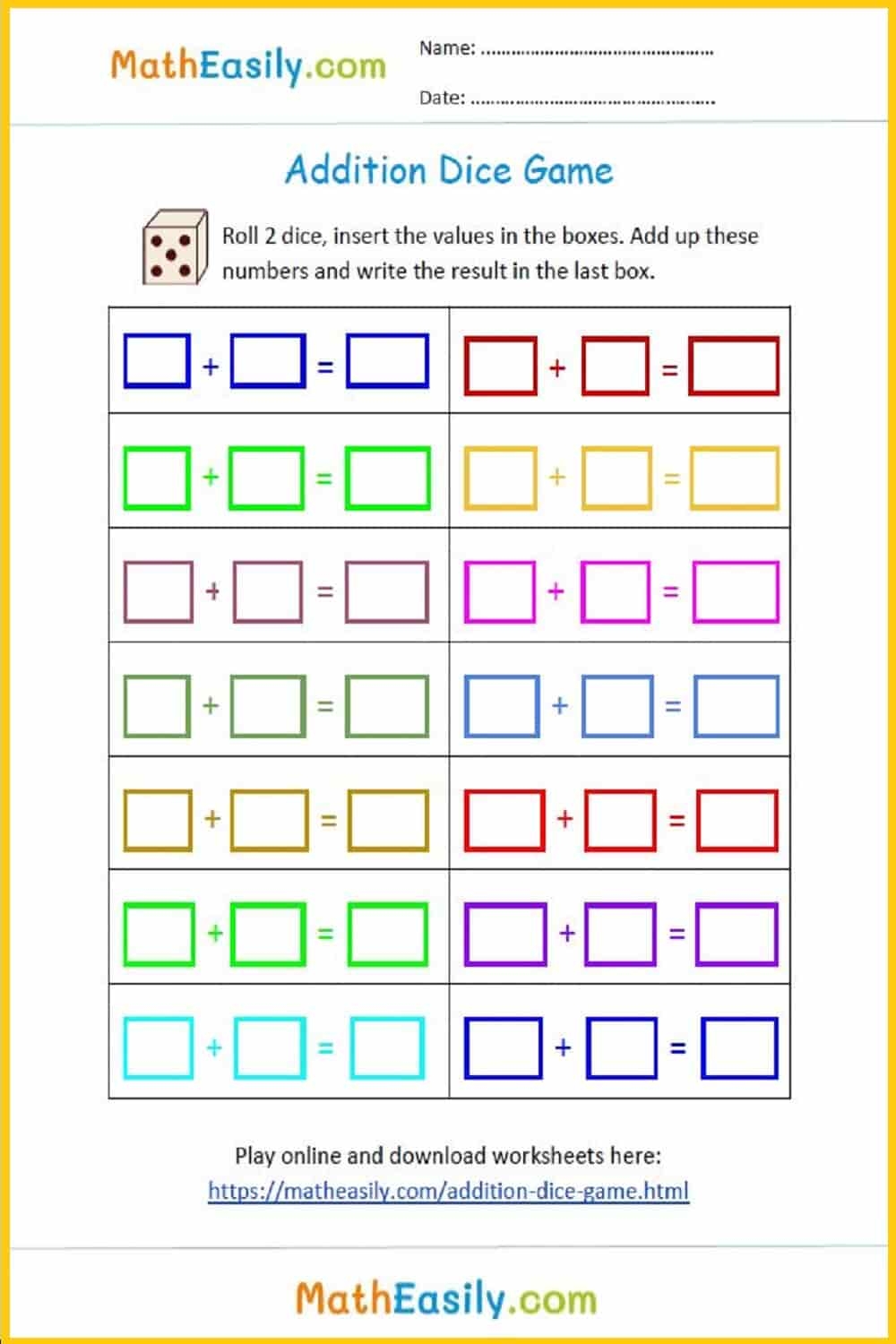 Dice worksheets printable