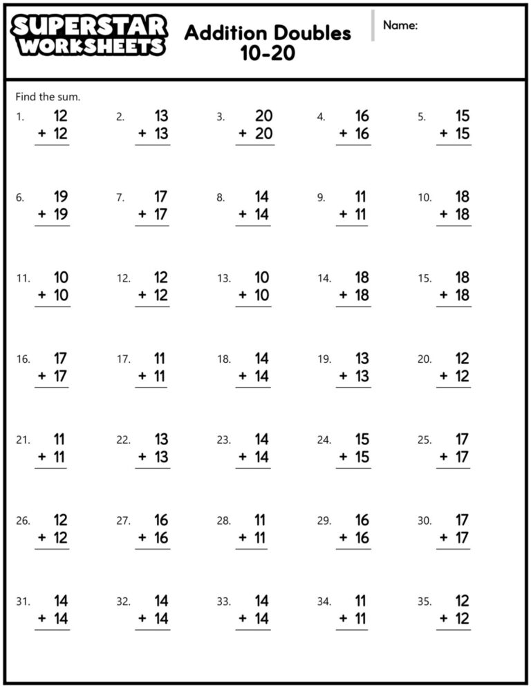 Addition Doubles Worksheets Superstar Worksheets