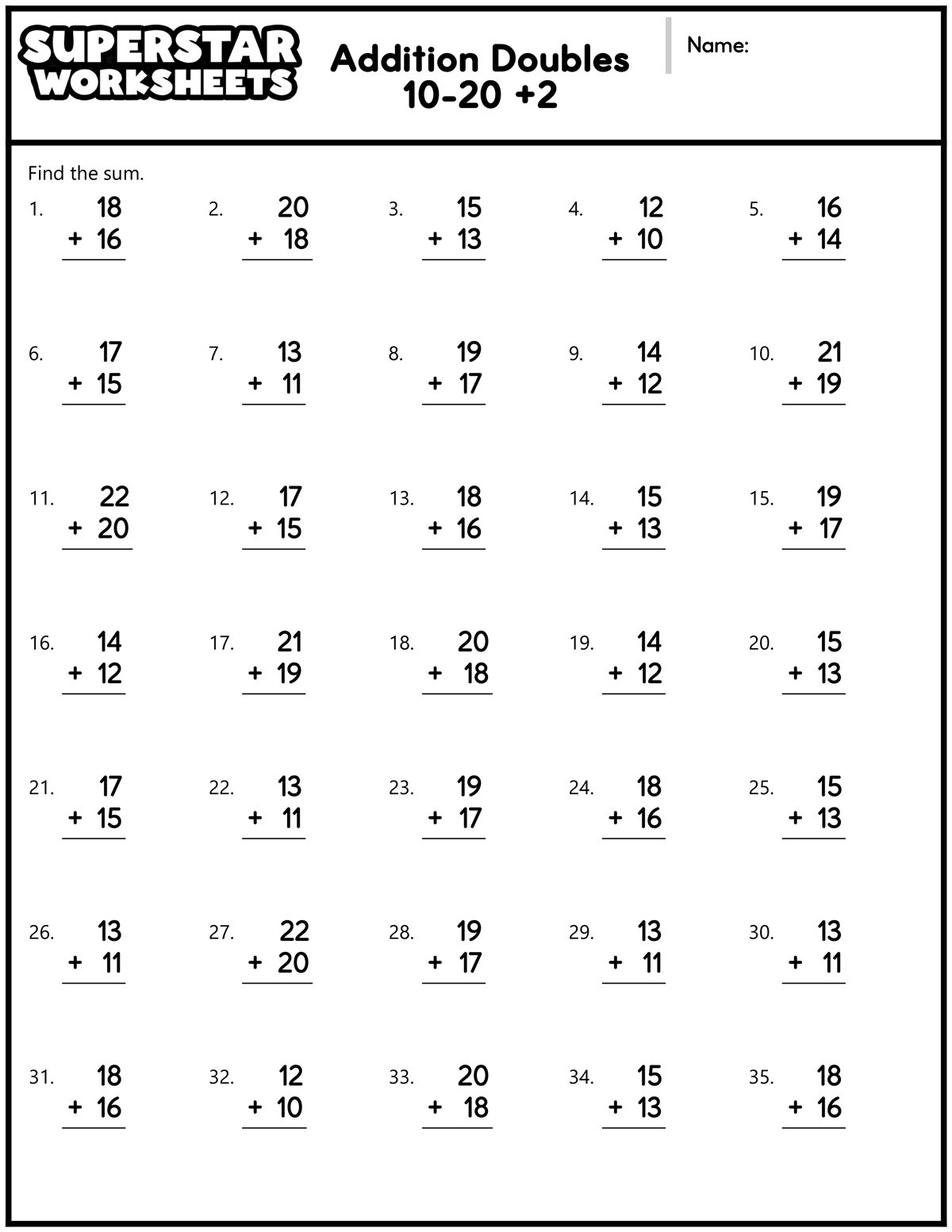 Addition Doubles Worksheets Superstar Worksheets