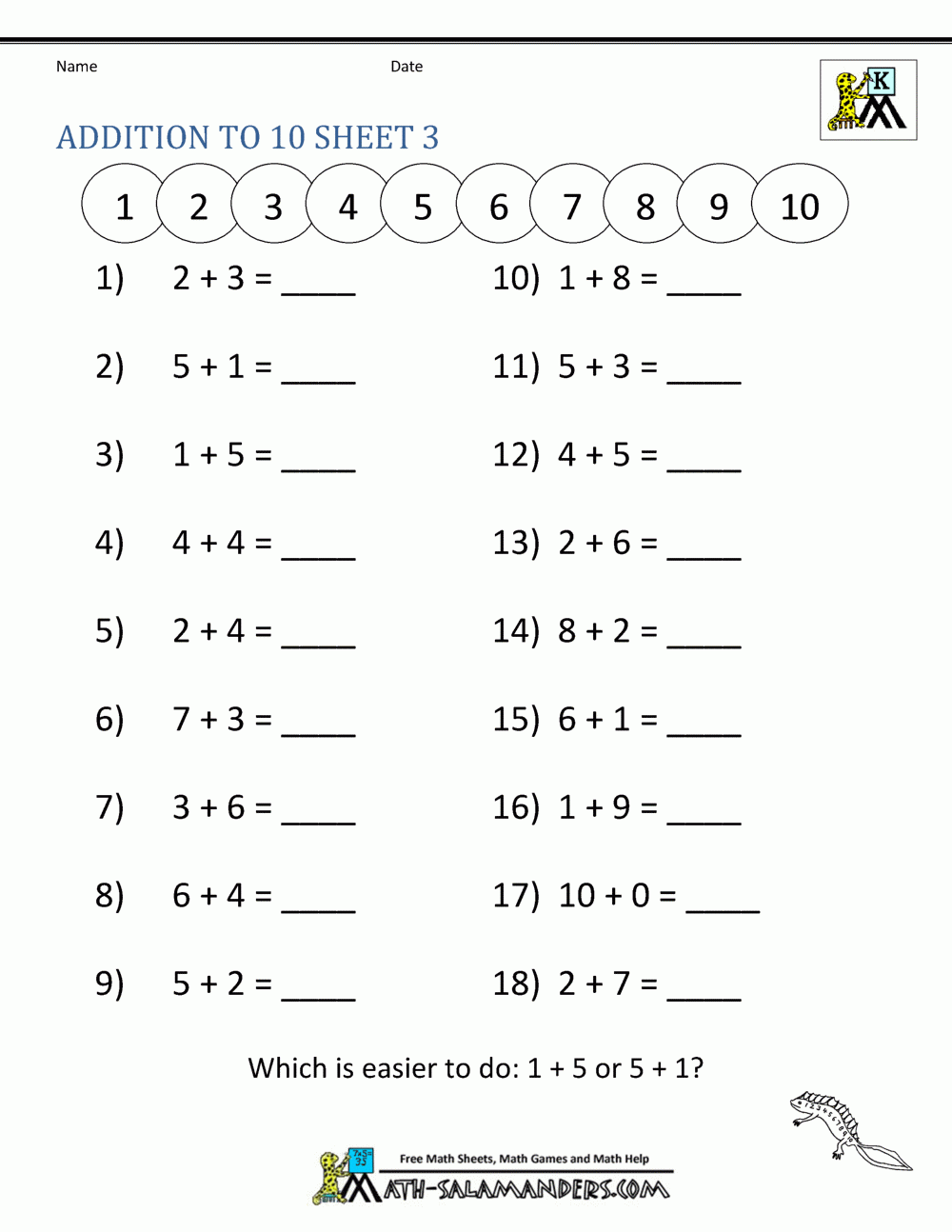 addition worksheets within 10