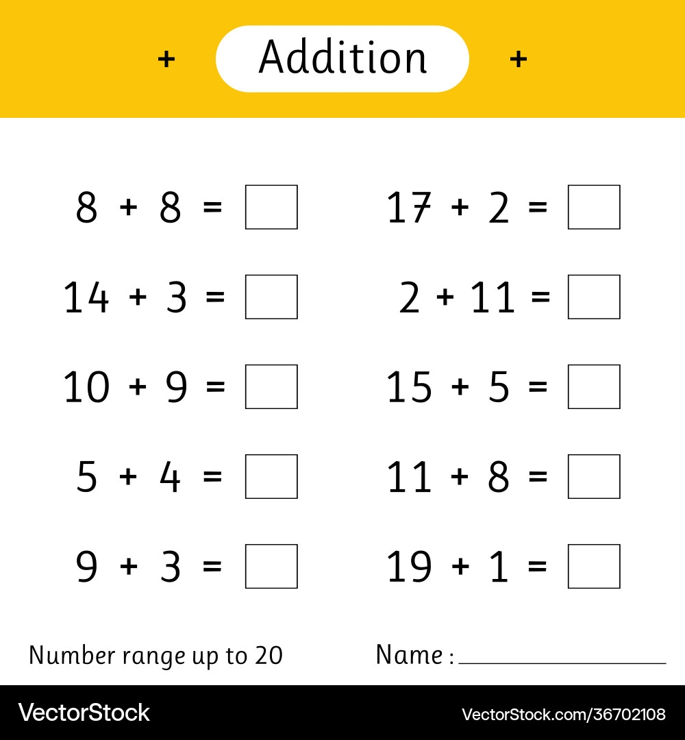 Addition Number Range Up To 20 Math Worksheet Vector Image