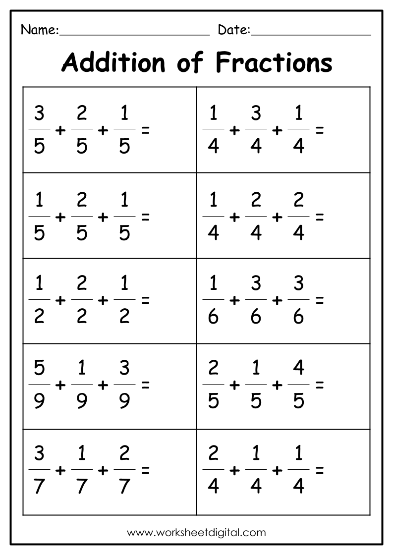 Addition Of Fractions With Same Denominators Worksheet Digital Worksheets Library