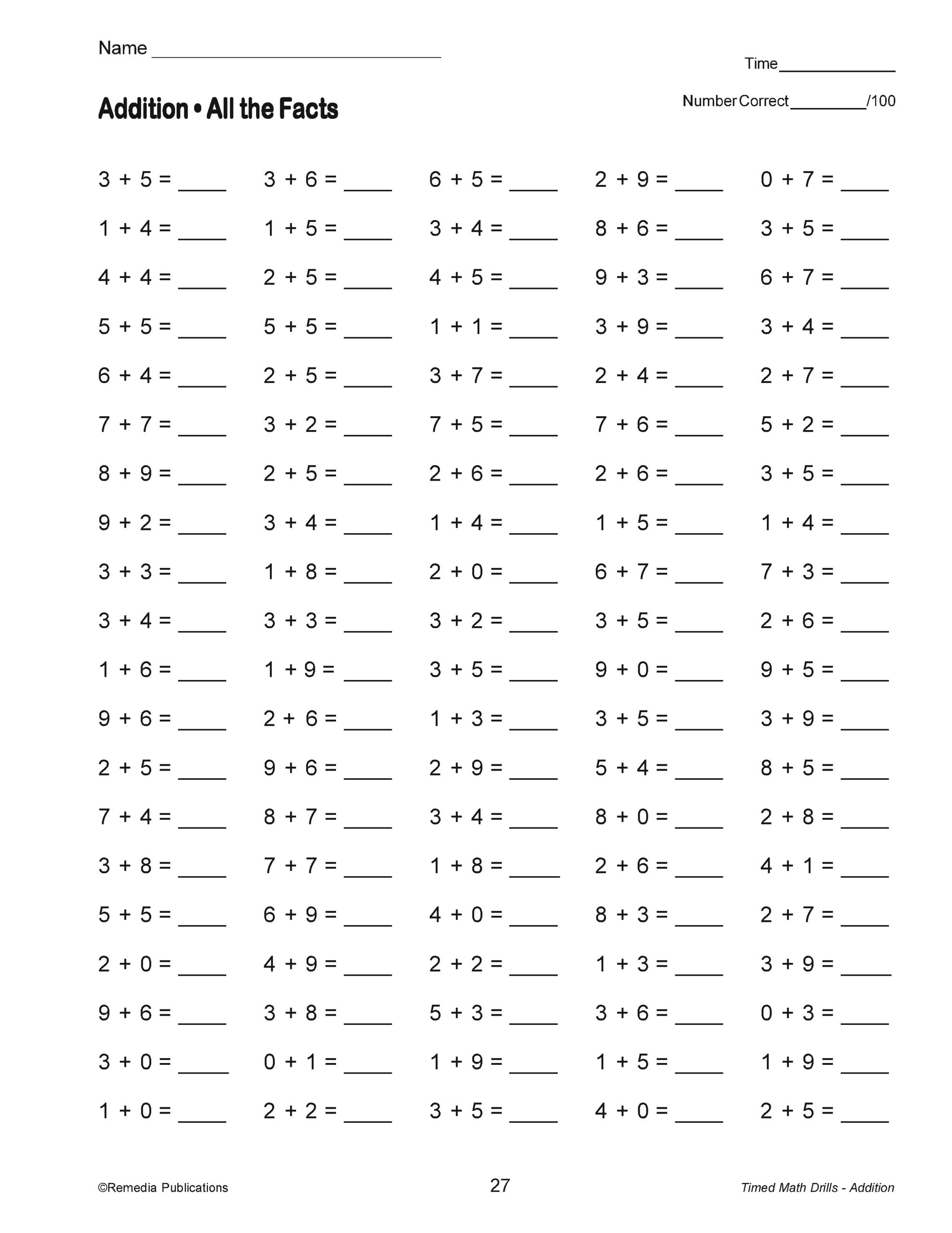 Addition Timed Math Drills Basic Math Facts Single Addend Progressing Classful