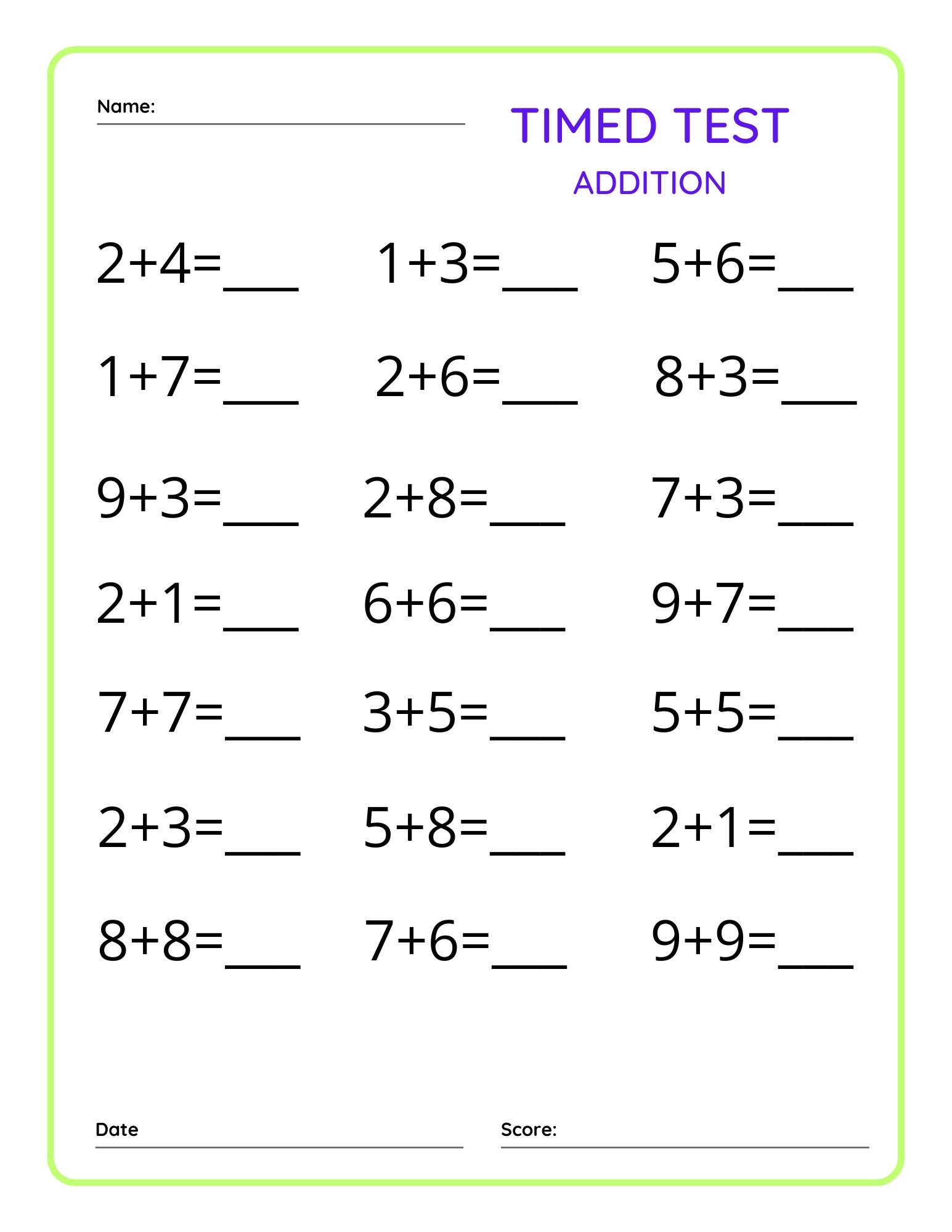 Addition Timed Test Etsy