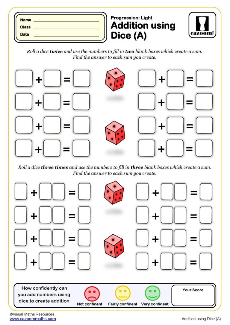 Addition Using Dice Worksheet A PDF Printable Addition Worksheets