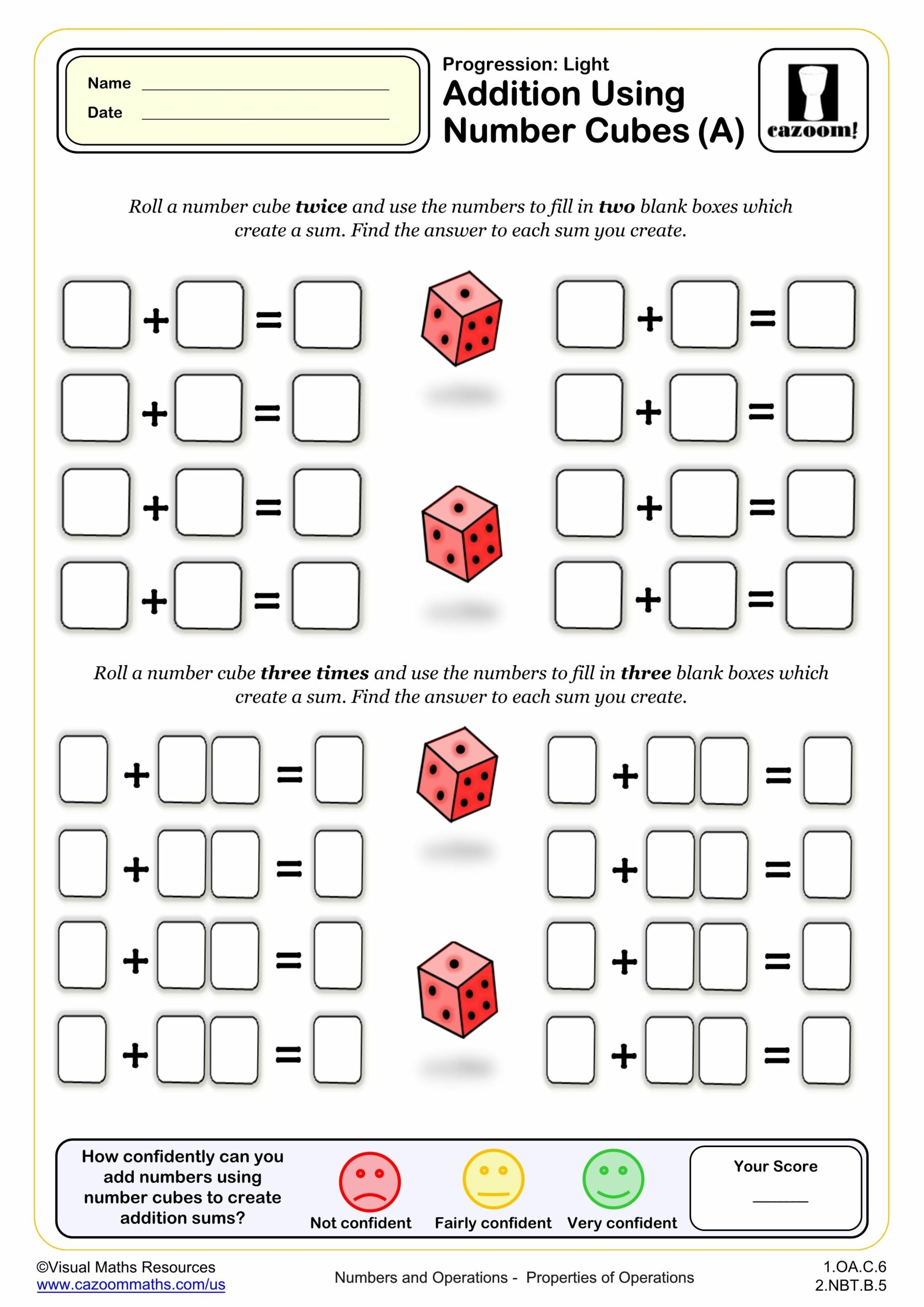 Addition Using Number Cubes A 1st Grade PDF Addition Worksheets