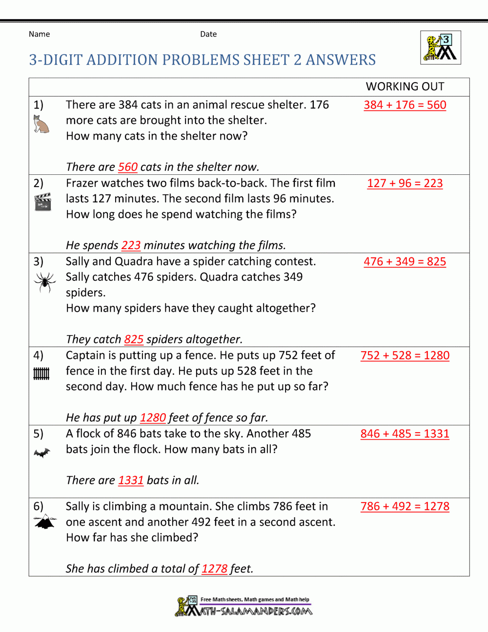 Addition Word Problems 3rd Grade