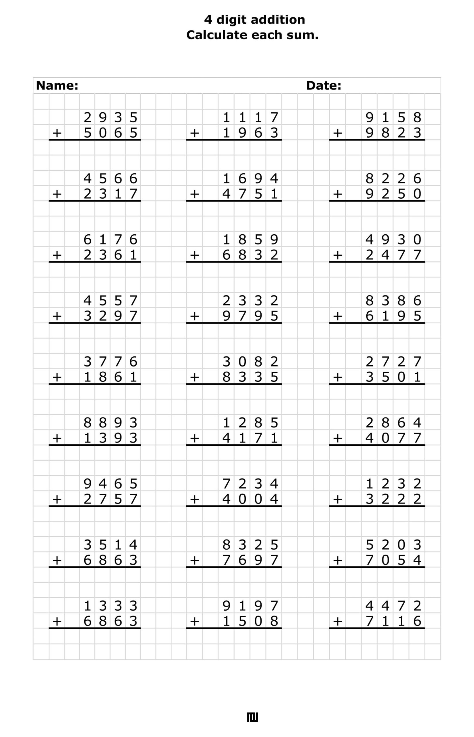 Addition Worksheets Adding 4 digit Numbers In Columns Addition 4 Digit Worksheets 3rd Grade 4 digit Plus 4 digit Addition By Acminimalist Etsy