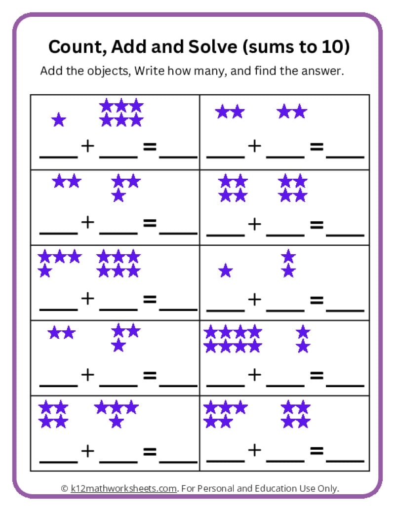 worksheet for kindergarten math addition