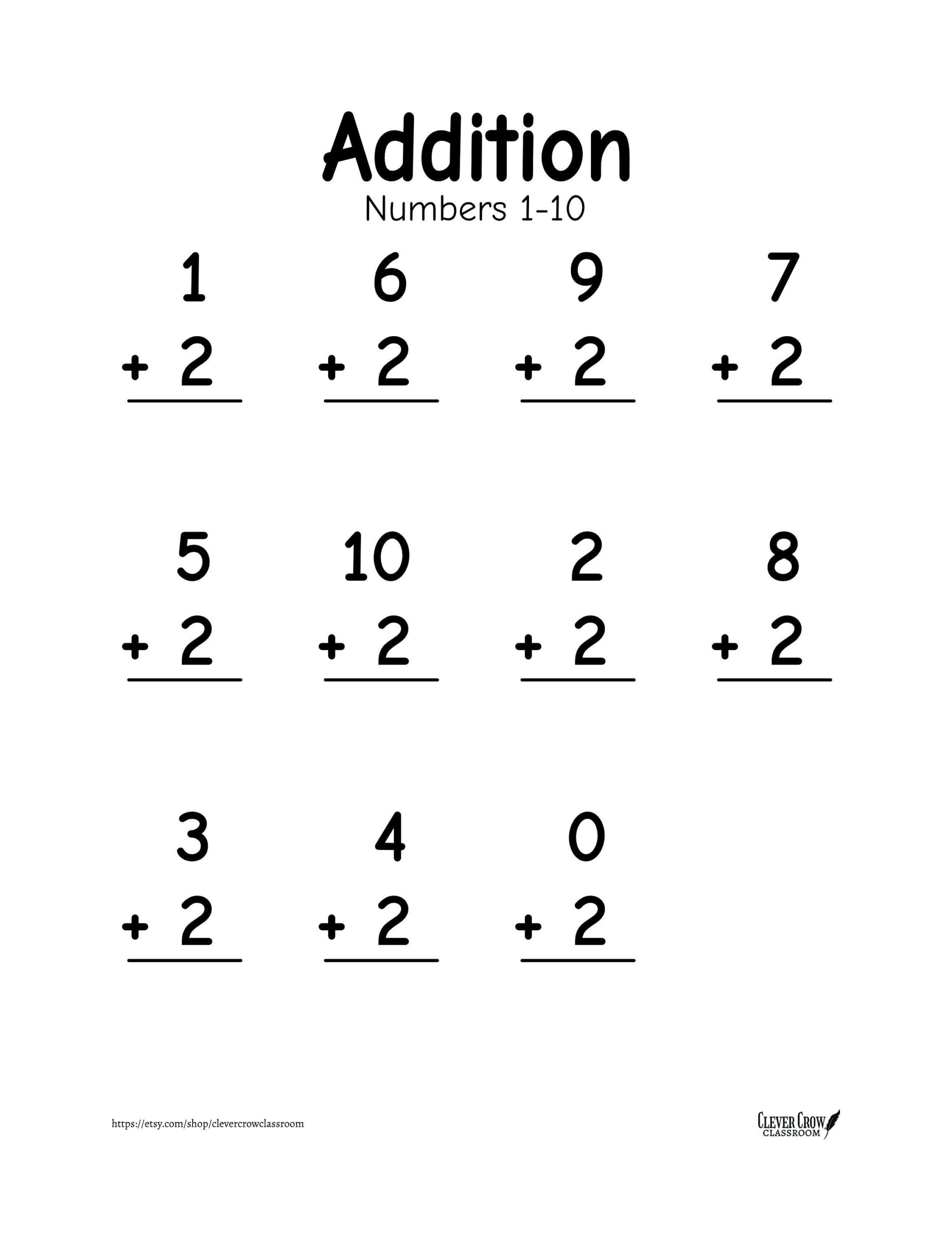 Addition Worksheets Numbers 1 10 20 Printable Worksheets Vertical And Horizontal Formats Preschool 1st Grade Math Etsy Israel
